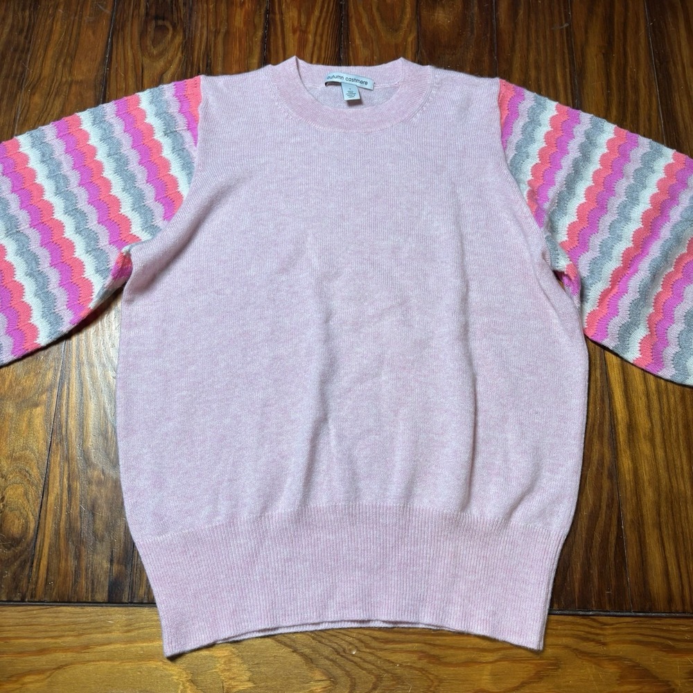 Autumn Cashmere Pink Puff Stripe Sleeve Pullover Sweater 100% Cashmere S A1455